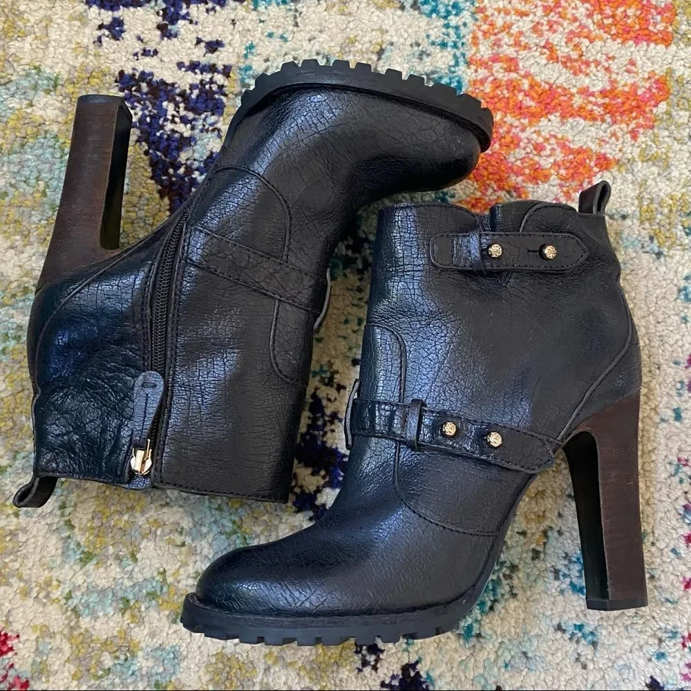 Tory Burch Landers Moto Leather Ankle Boots Bootie Black Gold Stud Size 10.5